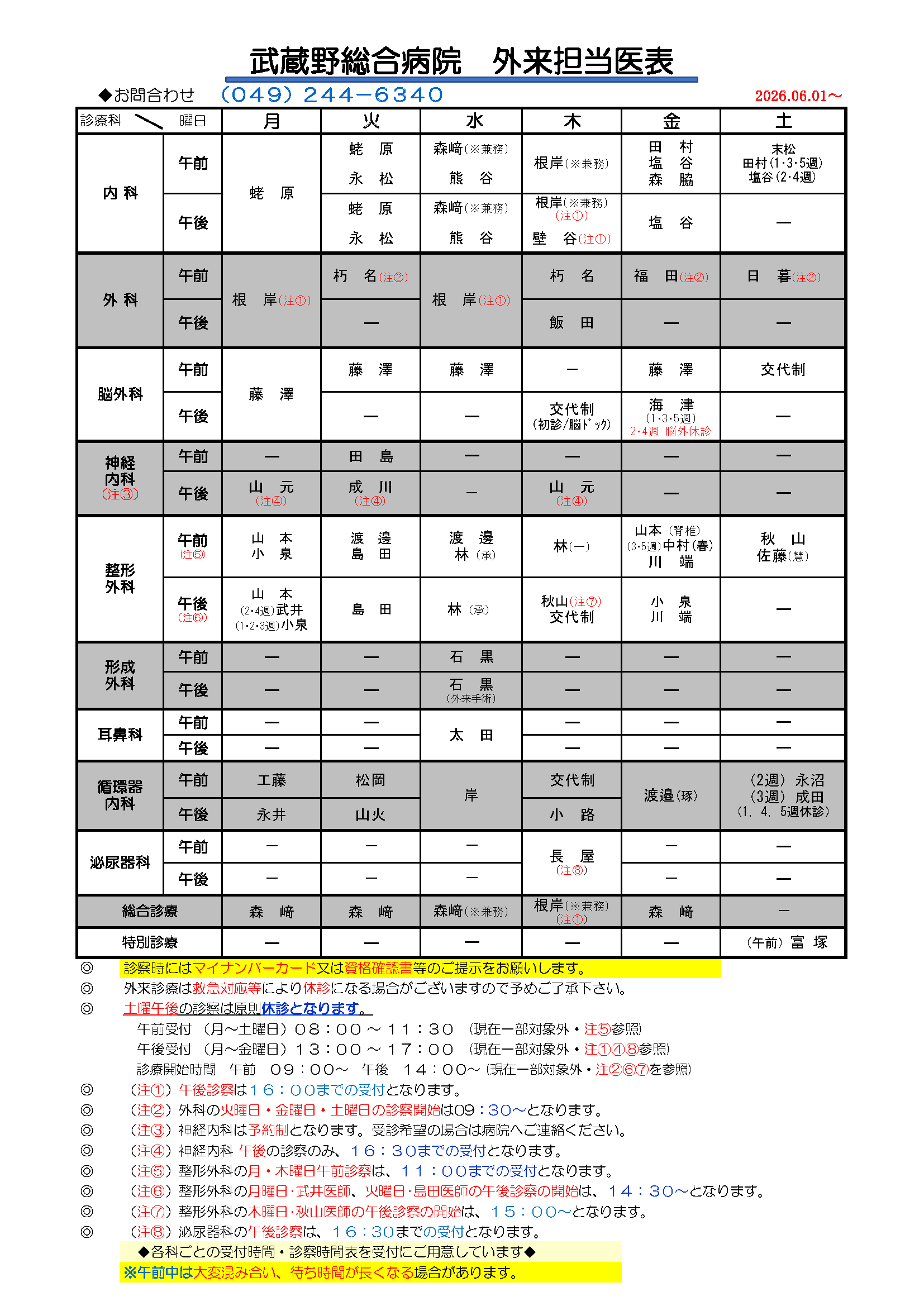 外来担当医表